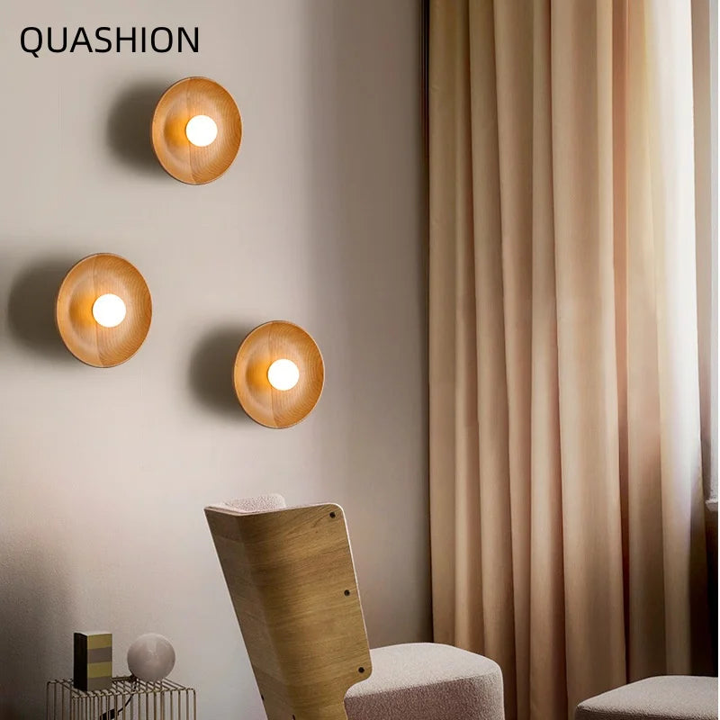 Nordic Wooden Wall Lamp with Round Shade - Modern Minimalist Wall Light for Bedroom & Living Room