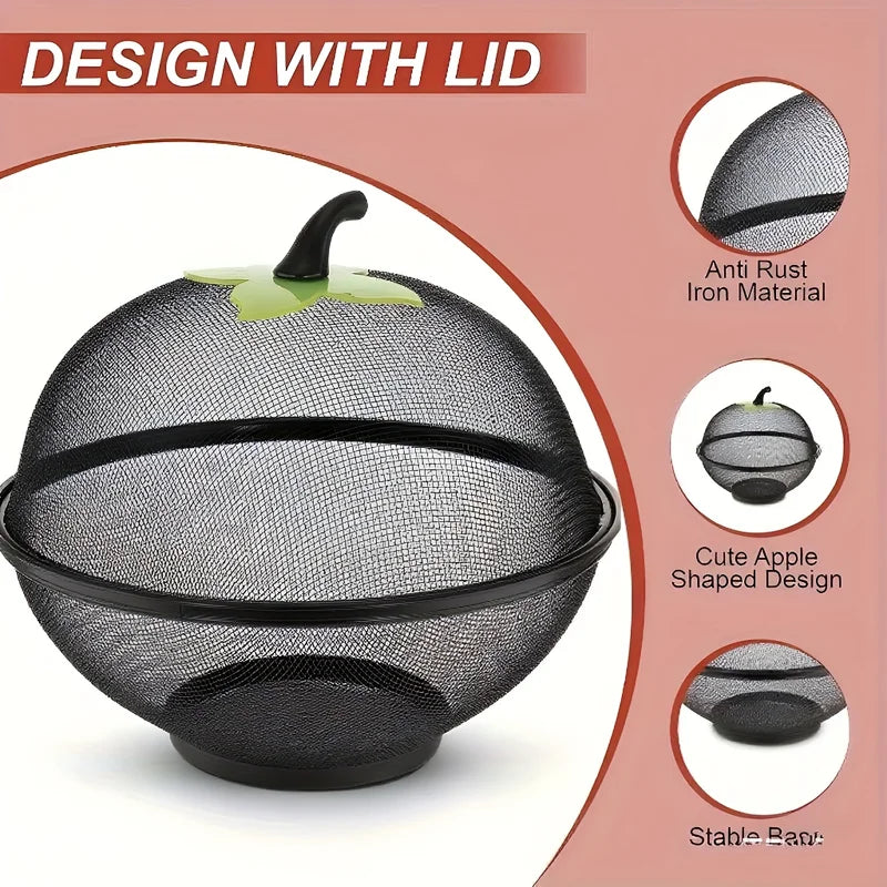 Heavy-Duty Metal Fruit Basket with Mesh Lid - Apple-Shaped Food Storage Container