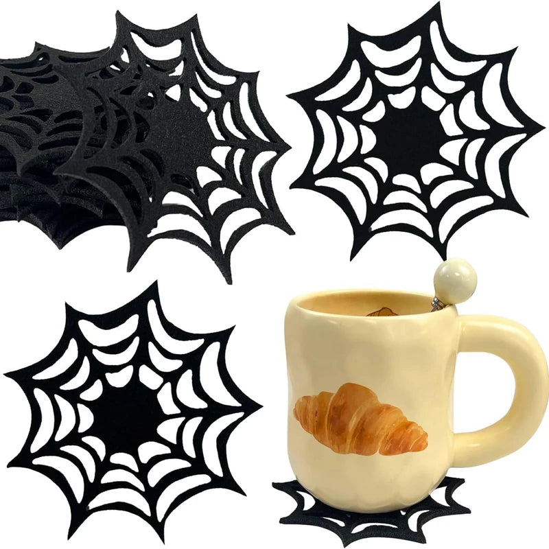 6Pcs Halloween Spider Web Coasters Black Non-Woven Party Decorations