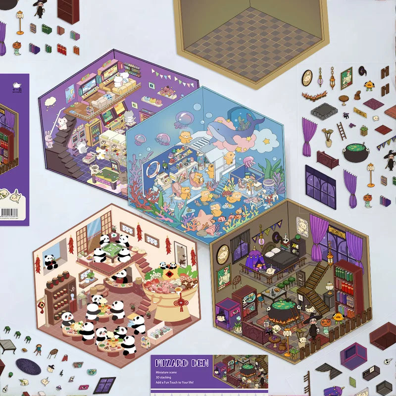 Cute 3D House Scene Stickers for DIY Crafts and Decompression - Miniature World Decor