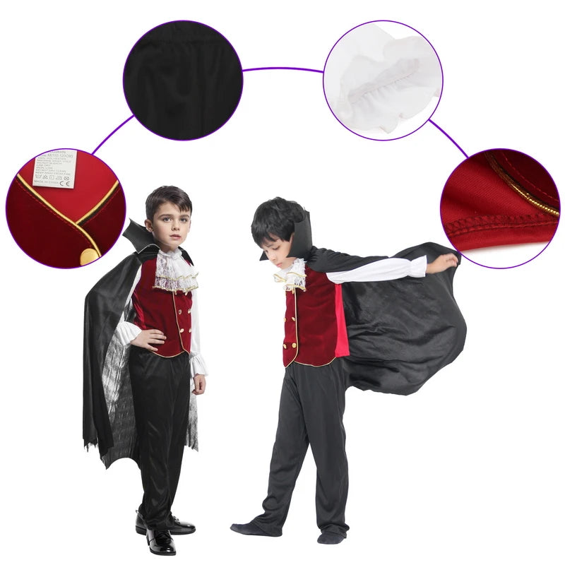 Kids Vampire Cosplay Costume Set with Walking Cane and False Teeth - Halloween Carnival