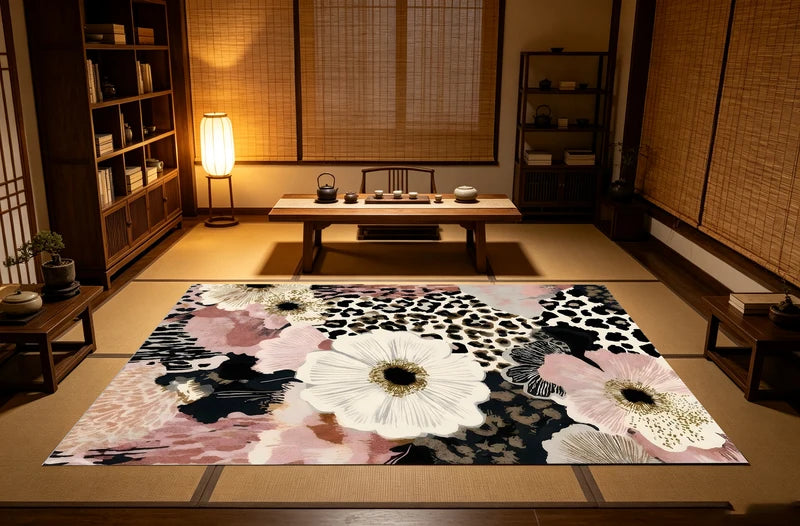 Abstract Floral Area Rug - Black & White Ink Style Pattern, Multiple Sizes