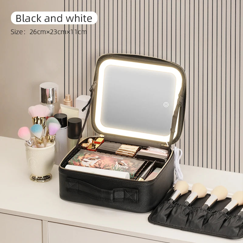 Travel Makeup Train Case with LED Lighted Mirror, Adjustable Dividers & 3 Light Settings