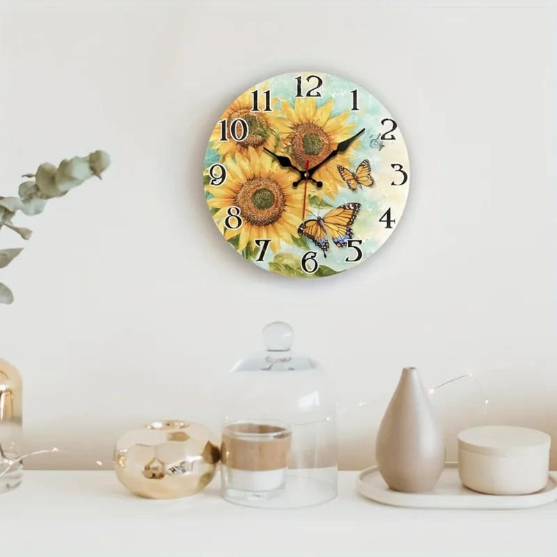 Silent 12-Inch Wall Clock with Sunflower & Butterfly Design - Battery Operated Home Decor