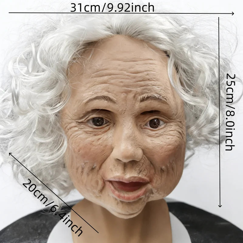 Old Woman Latex Mask with White Curly Hair - Elderly Grandma Halloween Costume