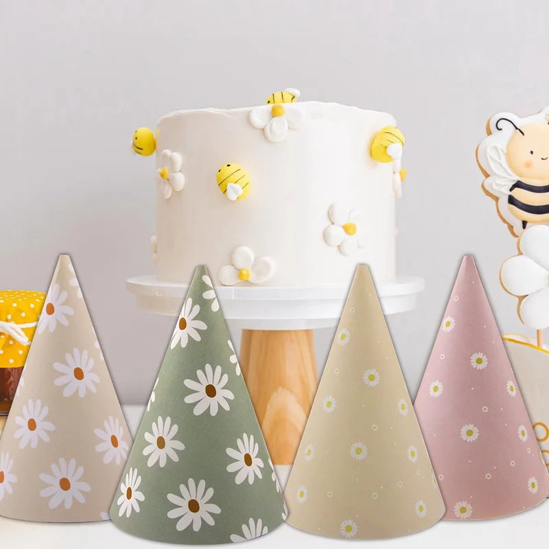 6-Pack Daisy Flower Paper Party Hats for Baby Shower & Birthday Decorations