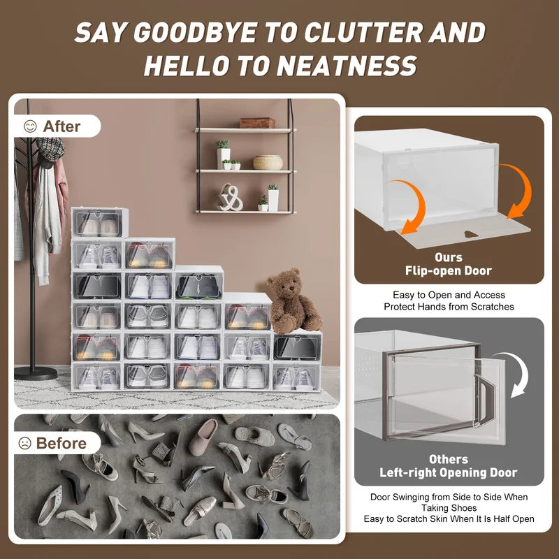 Stackable Transparent Shoe Storage Box with Side Flap - Dustproof & Ventilated, 20pcs