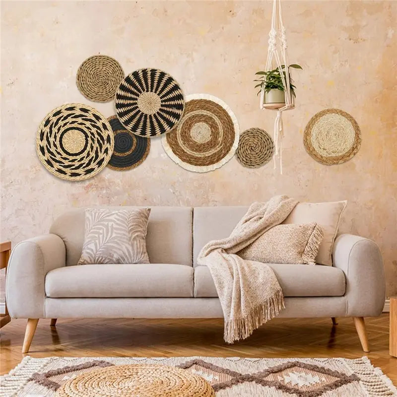7-Piece Boho Wall Basket Set - Handmade Seagrass Wicker Wall Decor