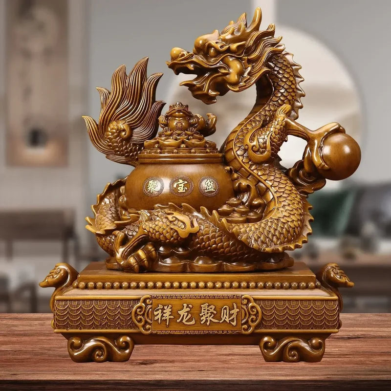 Dragon Treasure Bowl Resin Decor for Living Room & Office - Wealth Attraction Ornament