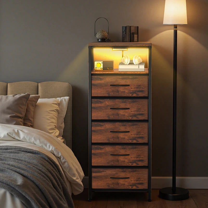 5-Drawer Nightstand with Charging Station and Open Shelf – Modern Bedroom End Table