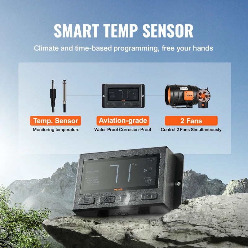Inline Duct Fan with Temperature Humidity Controller for Ventilation - Quiet, Energy Efficient