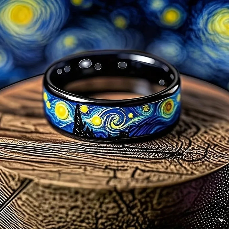 Starry Night Pattern Unisex Men Women Wedding Band Stainless Steel Ring