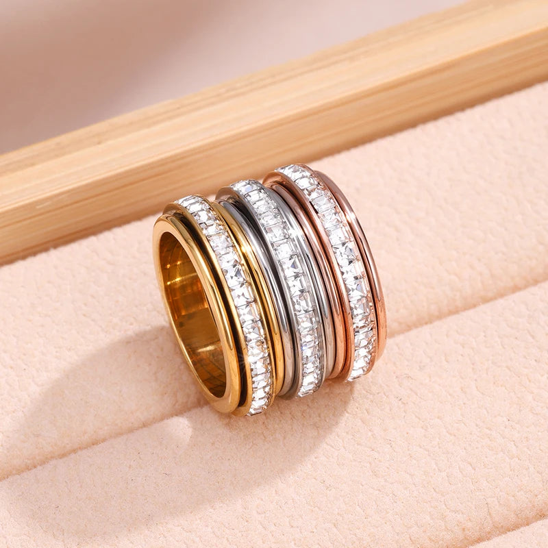 Stainless Steel Zirconia Spinner Rings for Anxiety Relief - Women & Men Jewelry Gift