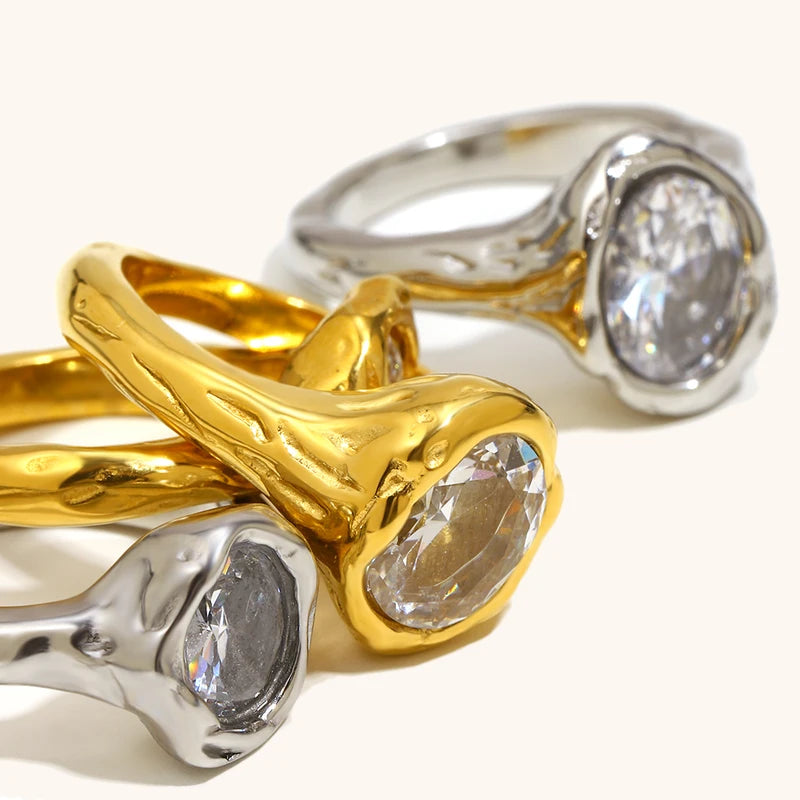 Luxury Zircon Women's Ring - Irregular Stainless Steel, Gold Plated Jewelry