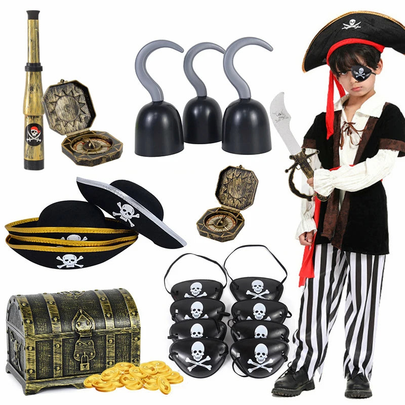 Kids Pirate Cosplay Costume Props Set with Hat Eye Patch Skeleton Hook for Halloween Party