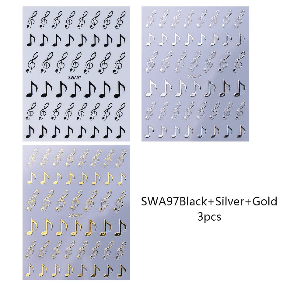 3-Pack Musical Notes Nail Stickers - Black Gold Silver 3D Holographic Decals for Nail Art