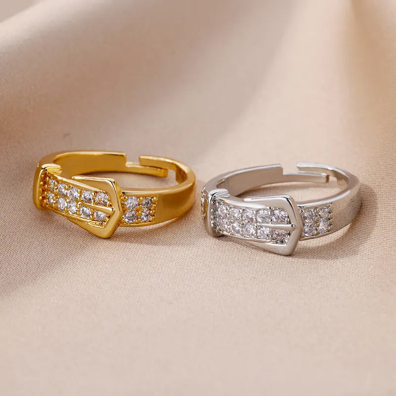 Adjustable Stainless Steel Belt Rings for Women Zircon Geometric Wedding Jewelry