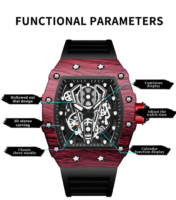 Men's Barrel Watch with Curved Mirror Hollow Surface Silicone Quartz Wristwatch