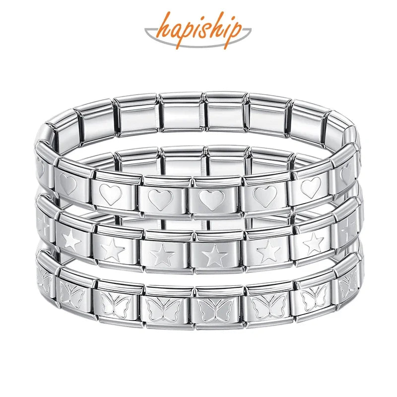 Women's Elastic Star Heart Butterfly Charm Bracelet - Stainless Steel 9mm Wide