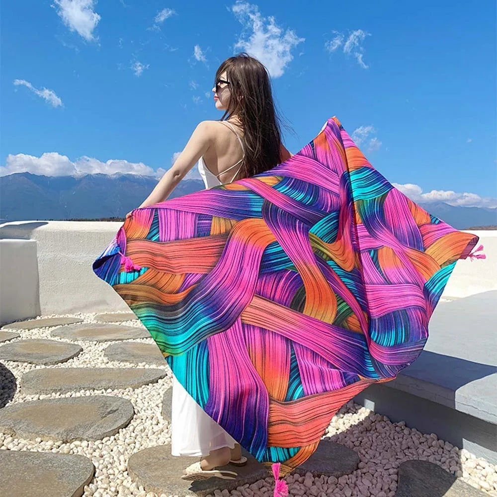 Breathable Silk Scarf Shawl Lightweight Ethnic Style Yarn Wrap for Beach & Casual Wear