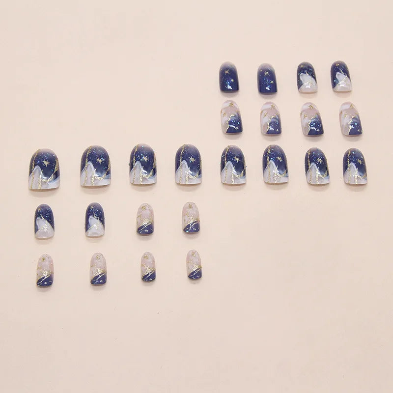 24Pcs Fake Nails Set with Gold Star Pattern - Press On Almond Shape Manicure