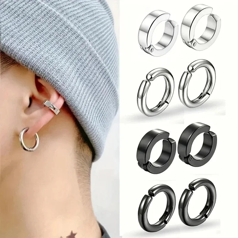 Piercing-Free Punk Style Ear Clip Set - Stainless Steel Circle Cuffs, Trendy Jewelry Gift