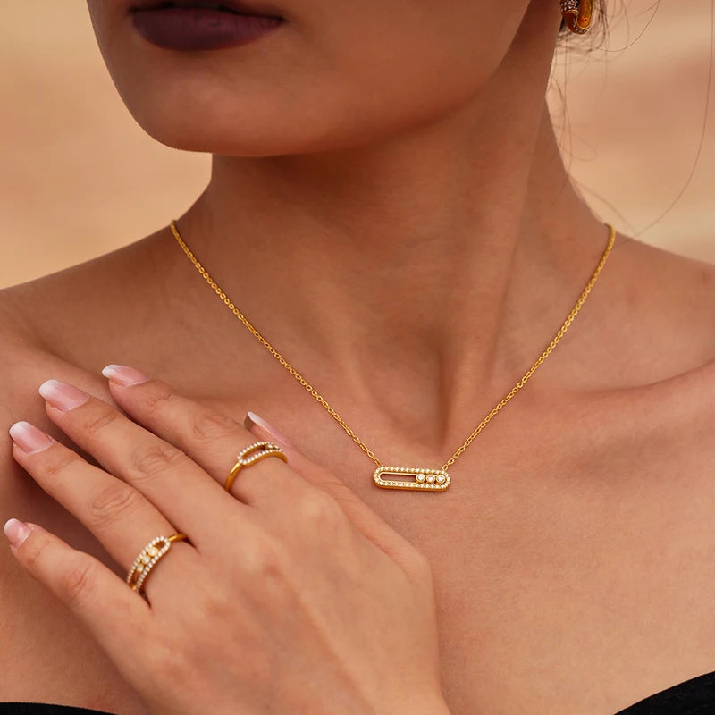Geometric White Zircon Stainless Steel Necklace Rings for Women - Luxury Jewelry Gift