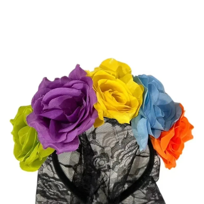 Halloween Rose Flower Crown Headband with Veil for Costumes & Parties