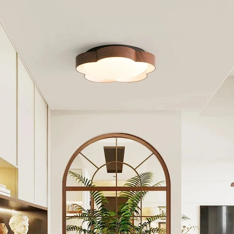 Retro Flower Shaped Ceiling Light - Ultra-Thin Wood Grain Walnut Indoor Home Decor
