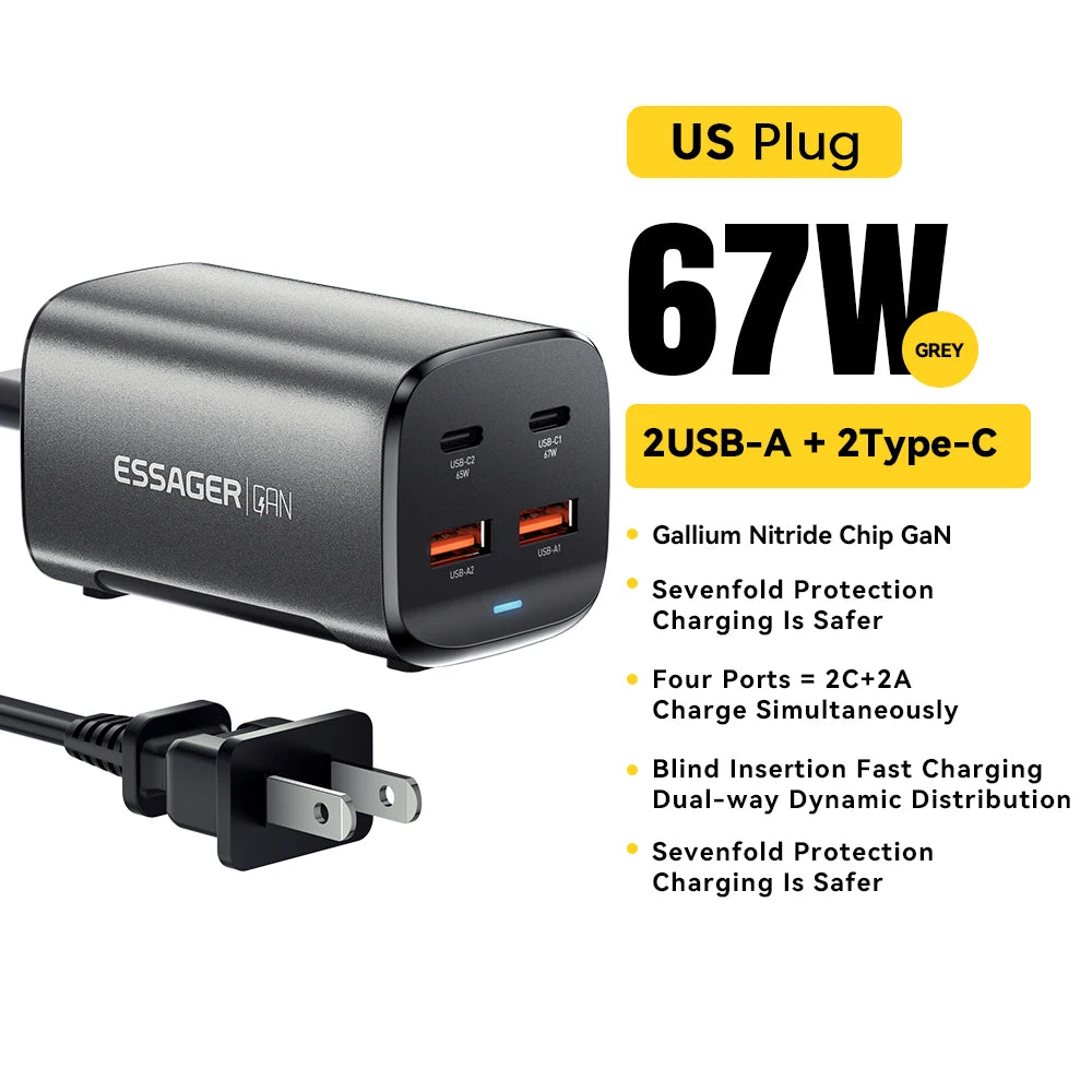 67W USB C GaN Charger Fast Charging for MacBook, Samsung, iPhone, Laptop
