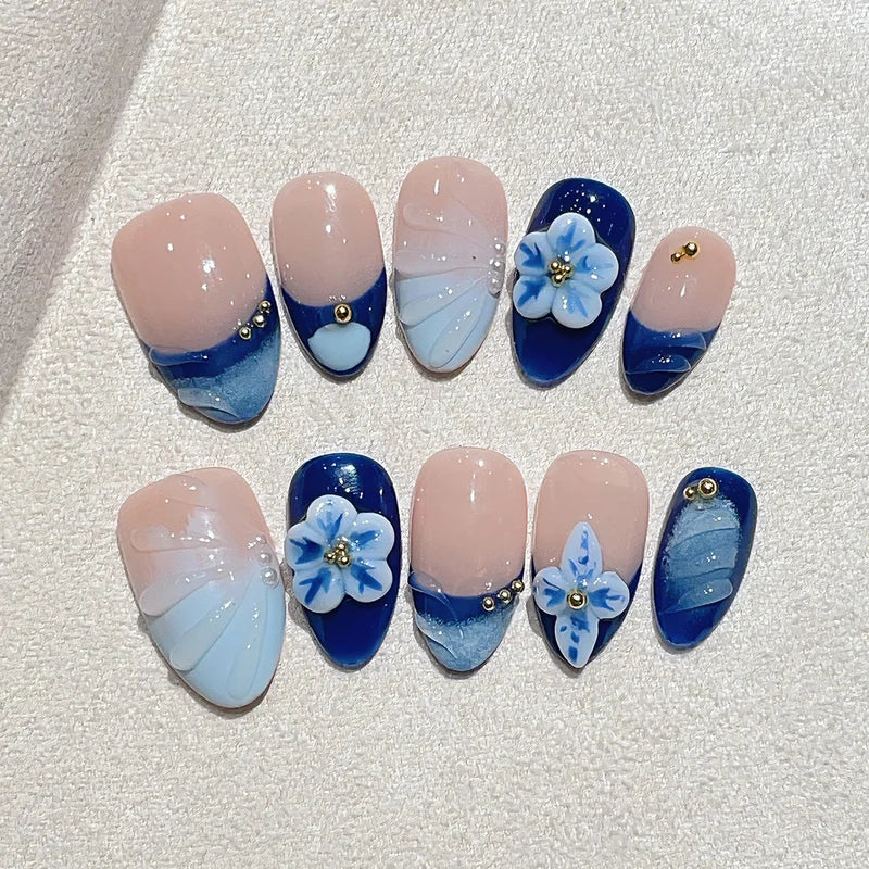 10pcs Short Almond Fake Nail Kit with Carved Flowers and Ribbon - Nude & Colorful Variants