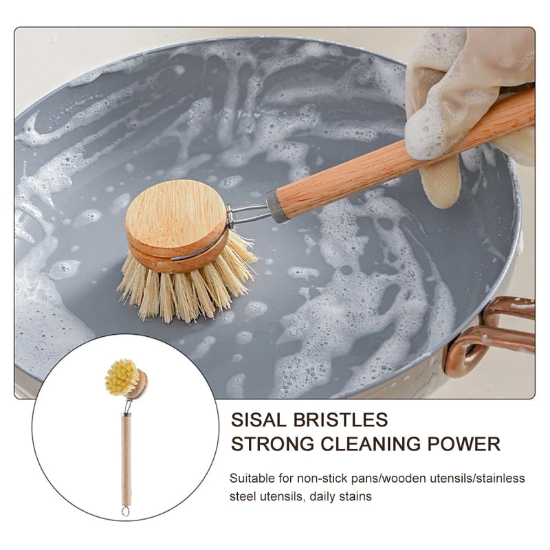 Replaceable Wooden Handle Dish Brush for Stain Removal Kitchen Cleaning Tool