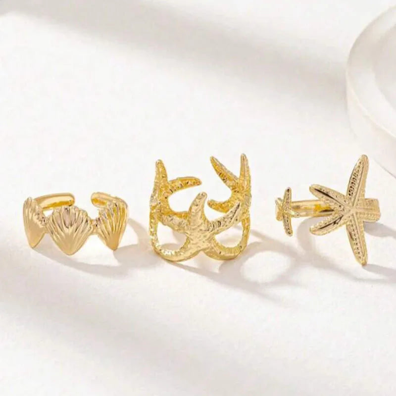 Vintage Metal Ocean Shell Starfish Open Mouth Rings Set for Women & Girls - Summer Party Jewelry