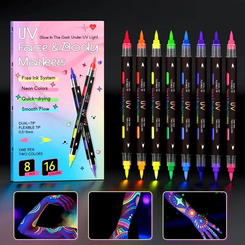 Glow in The Dark Face Paint Markers 8-Pack, Neon UV Body Art Pens for Skin & Tattoos