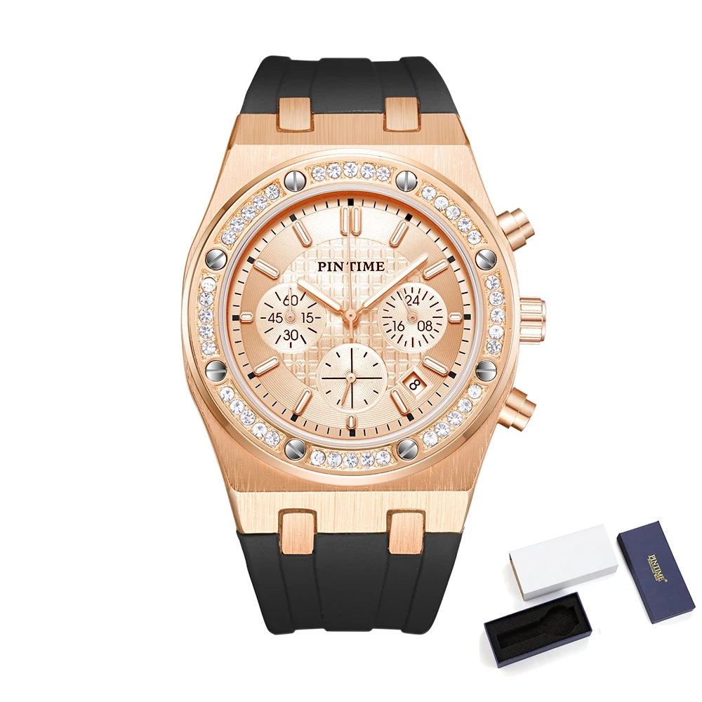 Men's Waterproof Quartz Sport Watch with Silicone Band and Diamond Iced Bezel