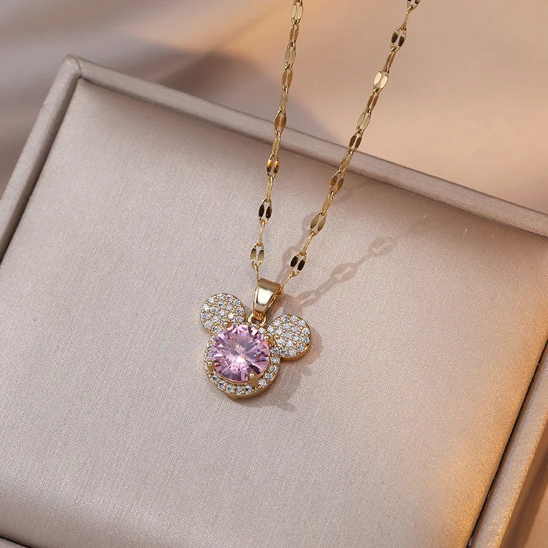 Cartoon Mouse Head Necklaces for Women Girls - Zircon Crystal Jewelry Gift