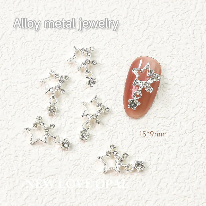 10pcs Nail Art Charm Set with Star Heart Saturn Rhinestones Glitter Decorations