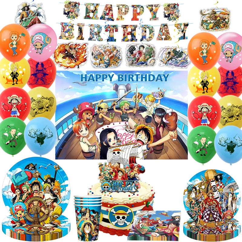 One Piece Birthday Party Decor Set with Plates Banner Balloons Cake Topper