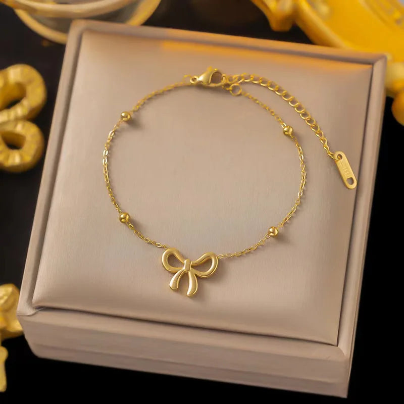 Stainless Steel Bow Charm Necklace & Jewelry Set for Women and Girls - Trendy Party Gift