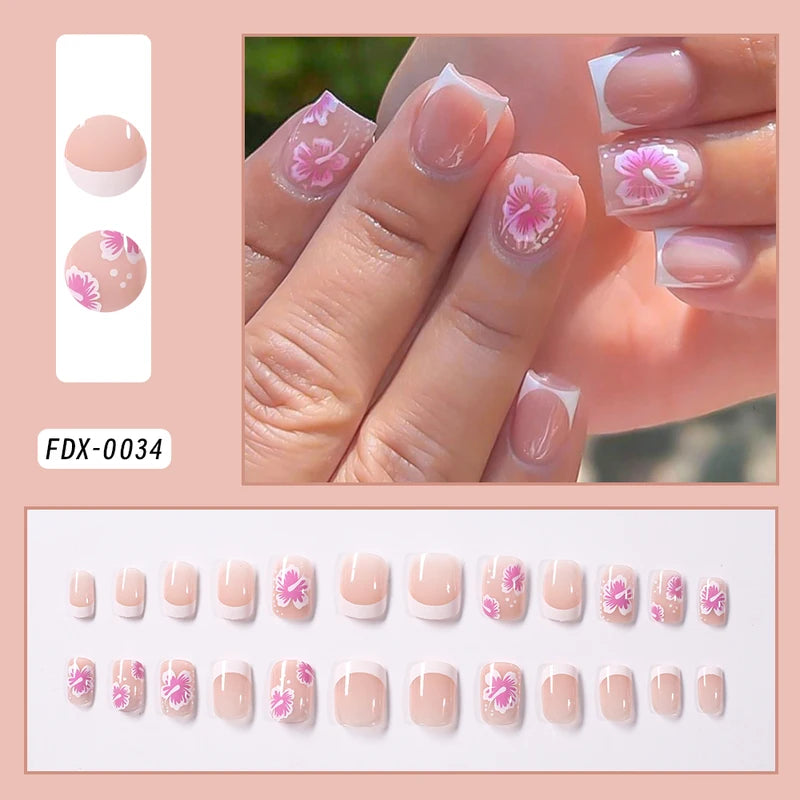 24Pcs Short Square Fake Nail Set with Floral French Design - Full Cover Press On Nails