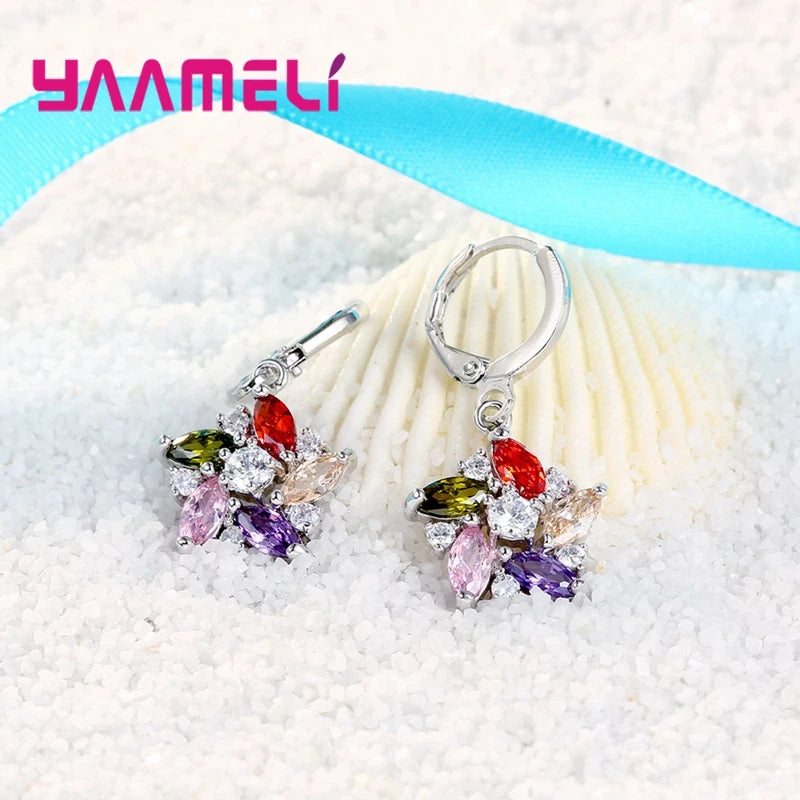 Colorful Sterling Silver Pendant Necklace & Earrings Set with Crystal Stones - Romantic Ethnic Style Windmill Design