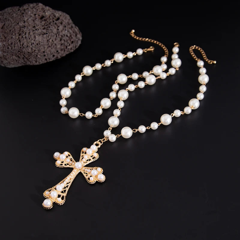Elegant Imitation Pearl Choker Necklace with Cross Pendant for Men Women - Goth Party Jewelry