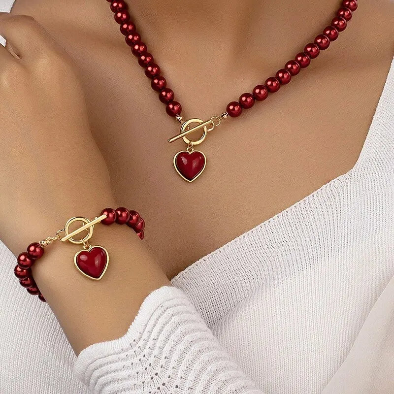 2-Piece Pearl Necklace and Bracelet Jewelry Set for Women