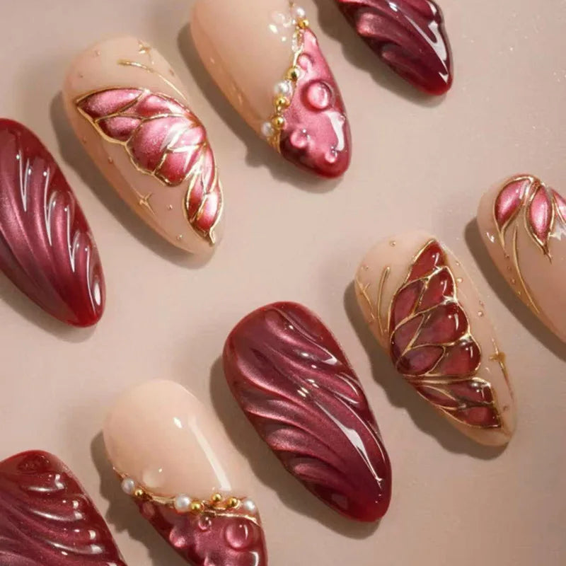 24Pcs Mysterious Red Y2K Fake Nails with Heart Design Long Almond Punk Style Press-On