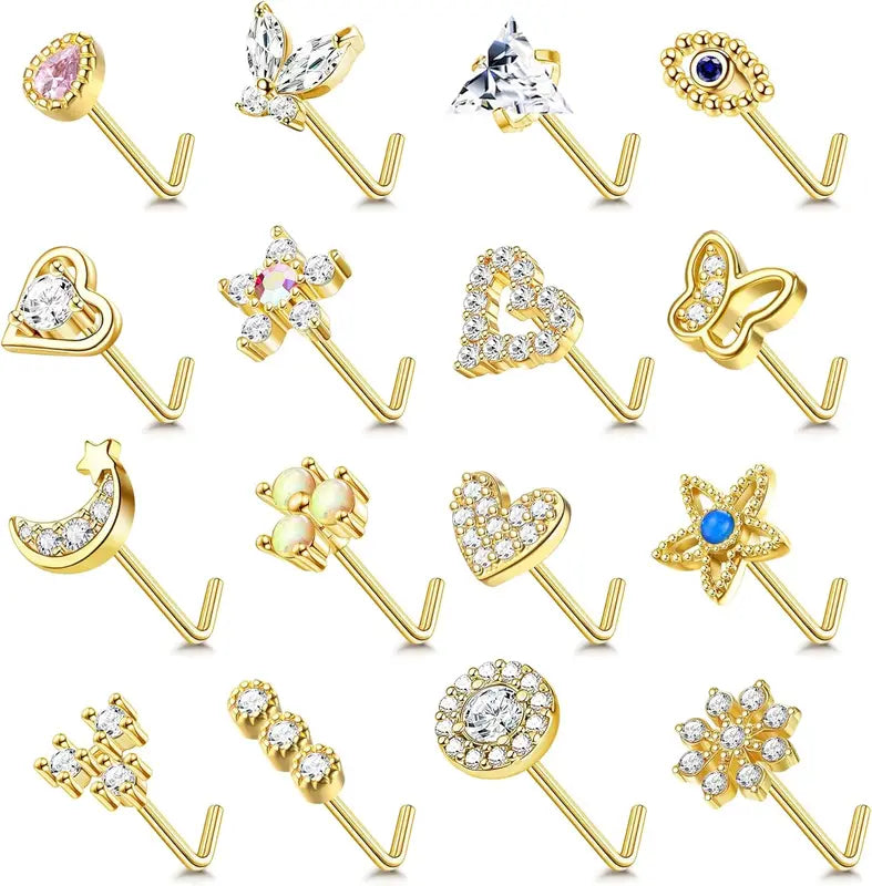 20G Surgical Steel Nose Studs with Opal CZ Heart Butterfly Design - Elegant Piercing Jewelry