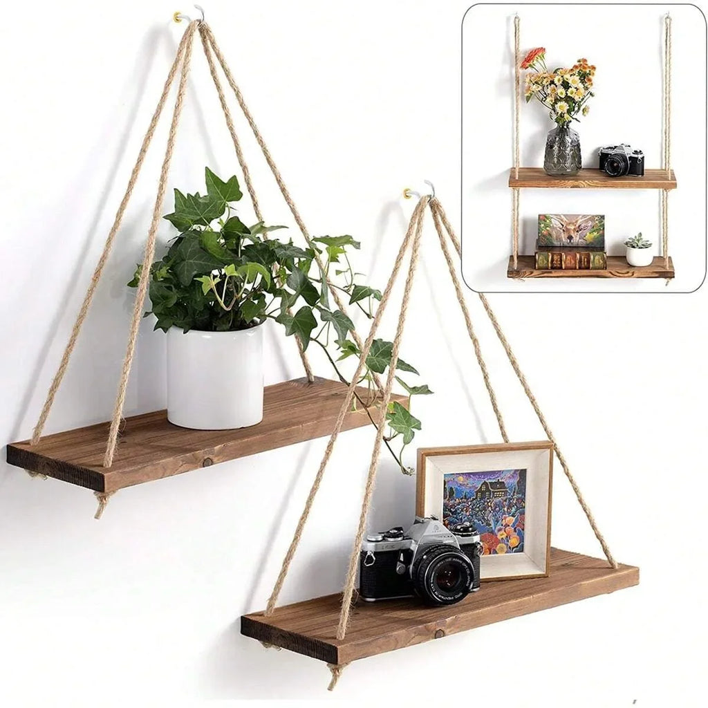 Wooden Floating Wall Shelf with Rope Hanging Plant & Decor Storage
