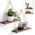 Wooden Floating Wall Shelf with Rope Hanging Plant & Decor Storage