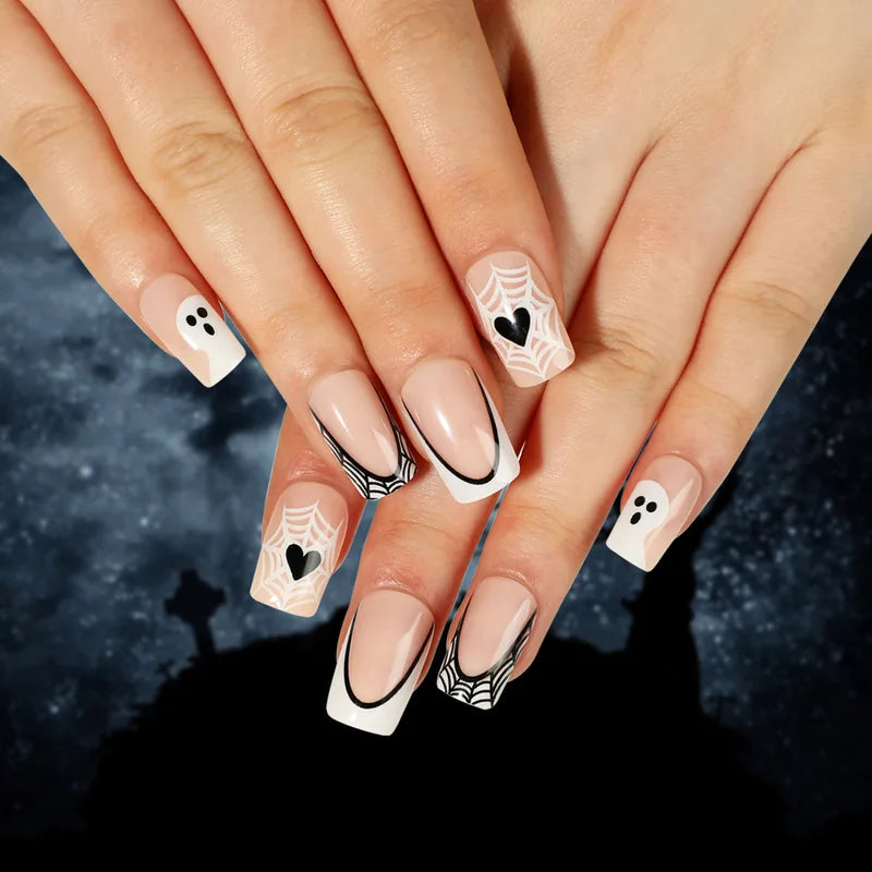 Halloween Fake Nail Tips 24-Piece Ghost & Pumpkin Spooky Design Press On Nails