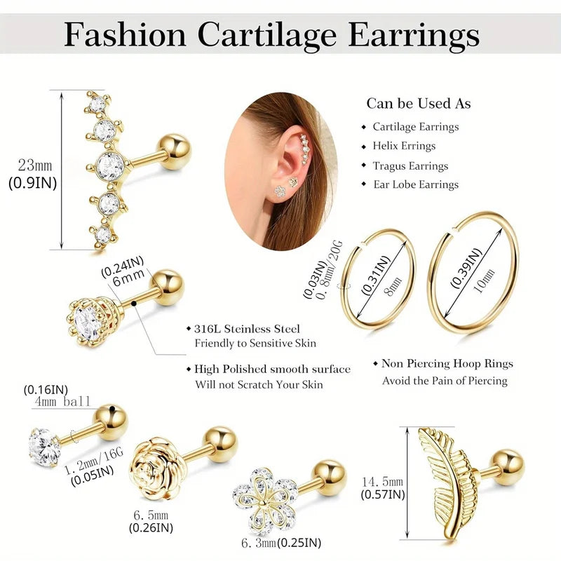 Stainless Steel Cartilage Earrings Set - Helix Hoop Studs with Opal & Shiny CZ