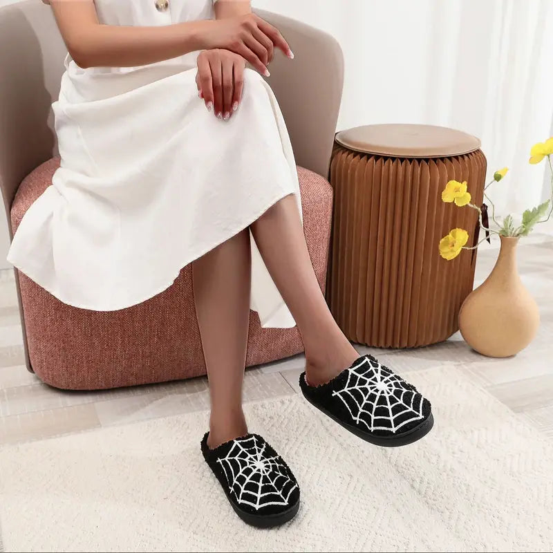 Halloween Spider Web Pattern Plush Woolen Cotton Indoor Slippers - Non-Slip Comfortable Shoes for Men & Women
